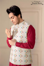 White Multi Embroidered Waist Coat For Men's