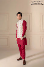 White Multi Embroidered Waist Coat For Men's