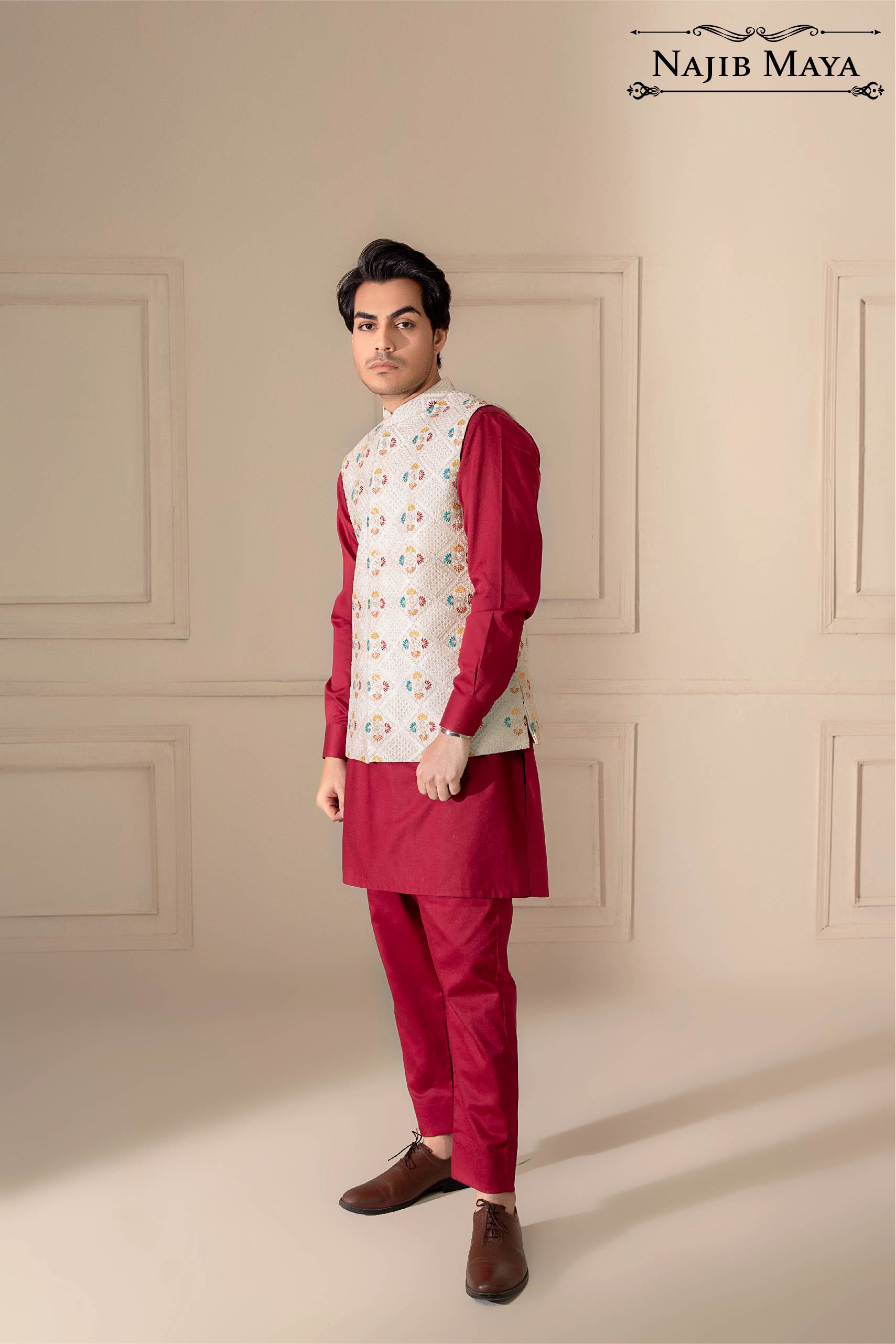 White Multi Embroidered Waist Coat For Men's