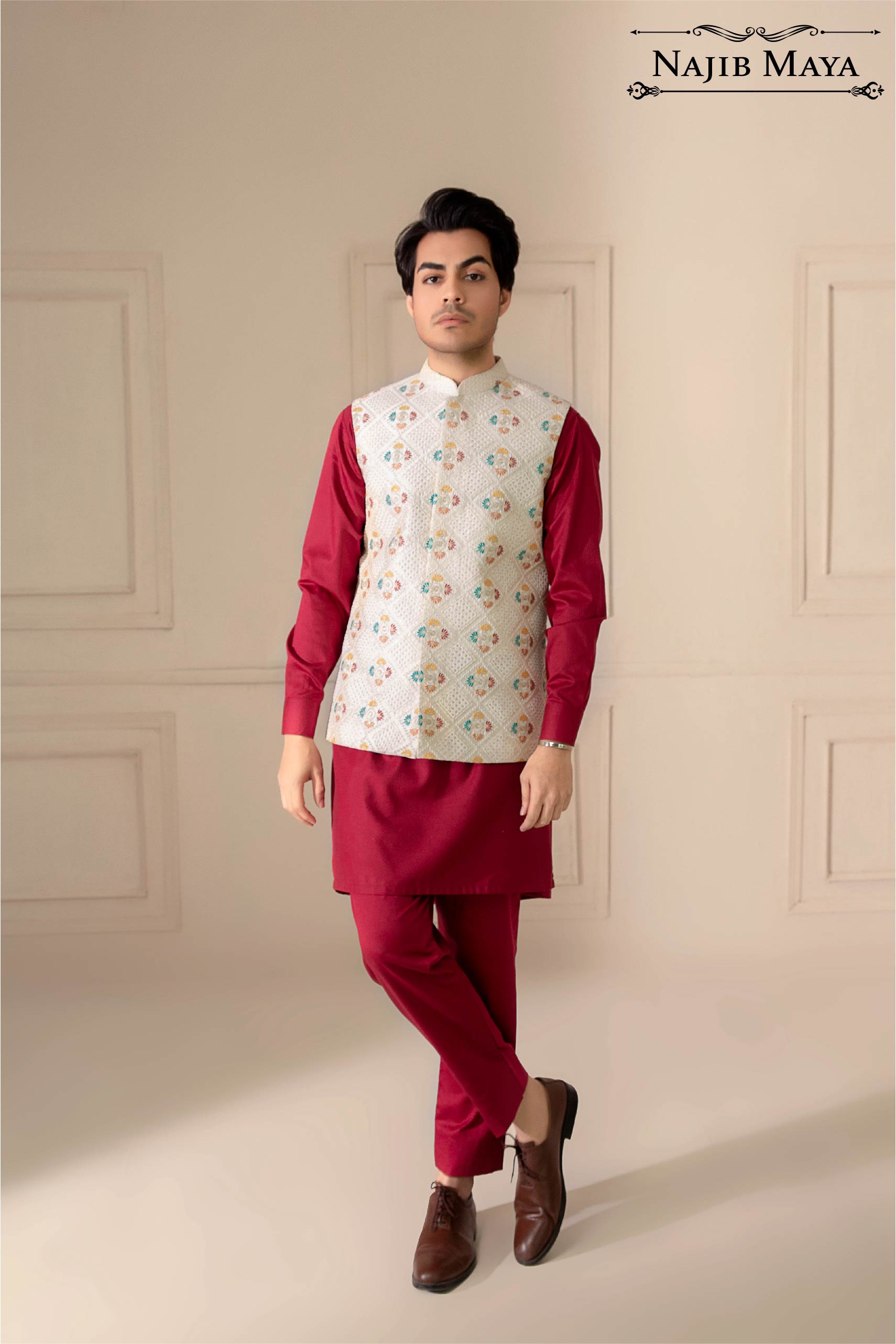 White Multi Embroidered Waist Coat For Men's Main image