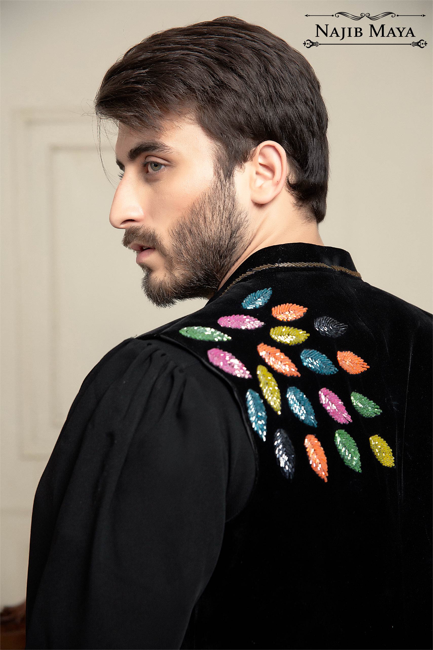 Black Velvet + Handwork Embroidered Waist Coat For Men's Secondary image