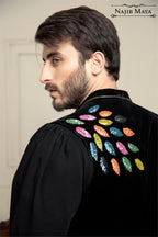 Black Velvet + Handwork Embroidered Waist Coat For Men's
