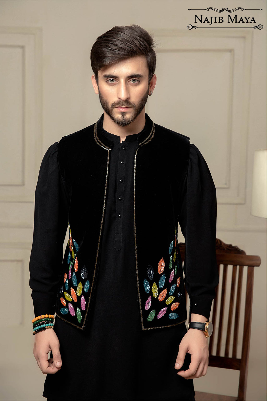 Black Velvet + Handwork Embroidered Waist Coat For Men's