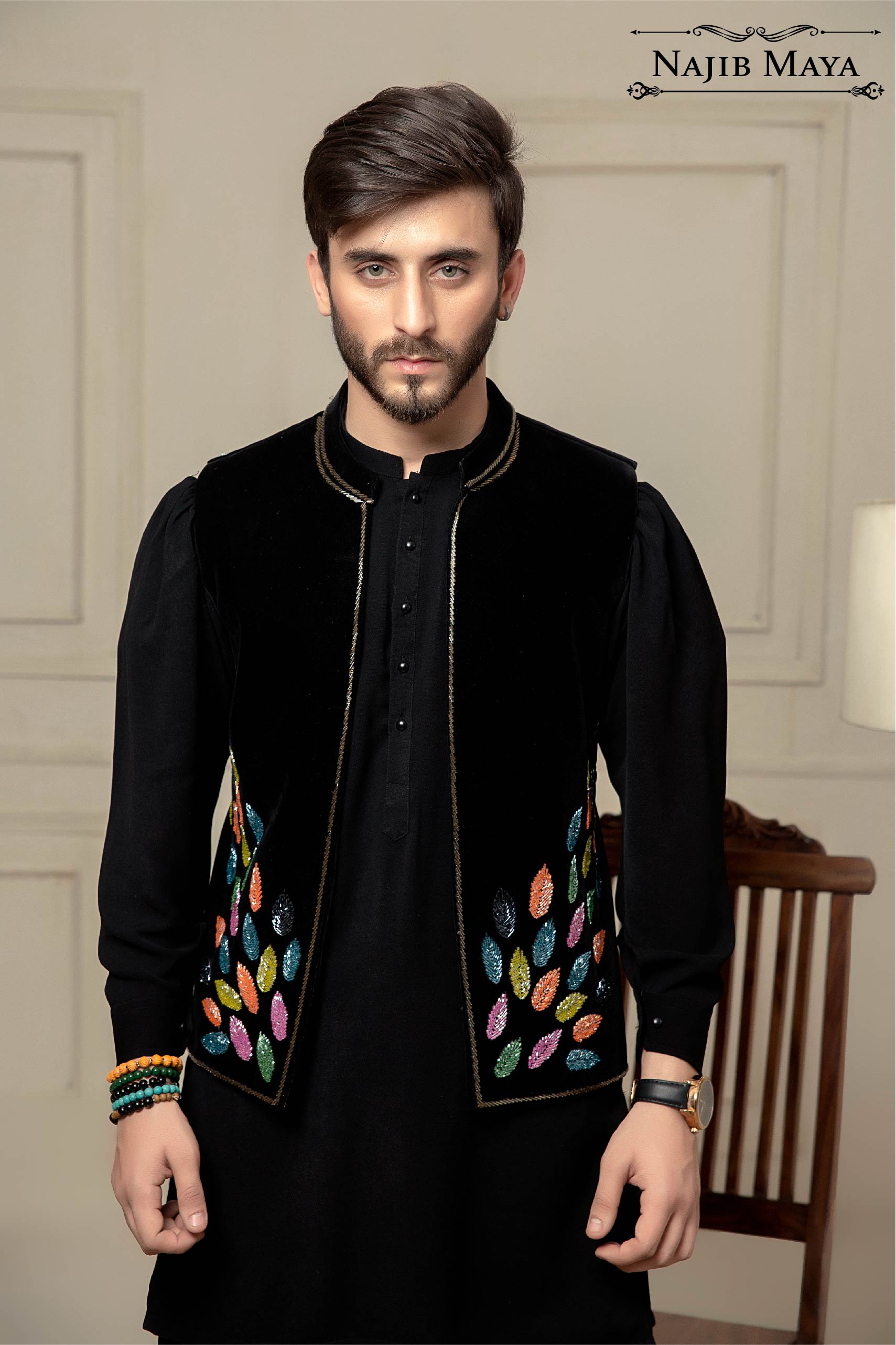 Black Velvet + Handwork Embroidered Waist Coat For Men's