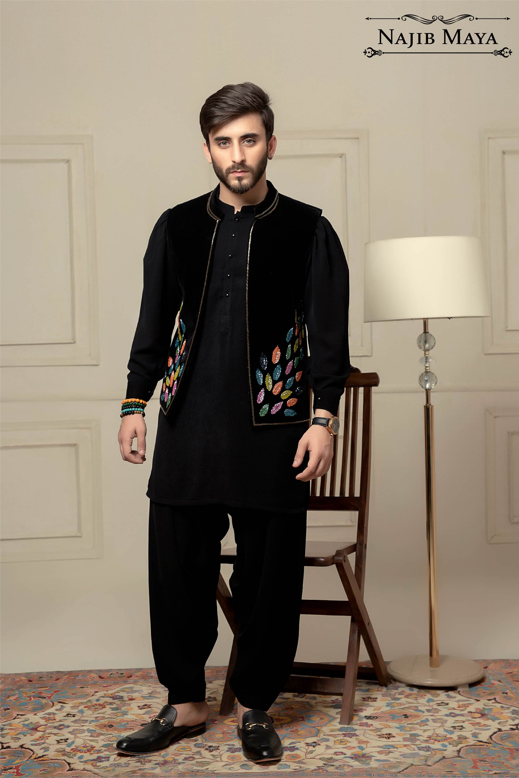 Black Velvet + Handwork Embroidered Waist Coat For Men's Main image
