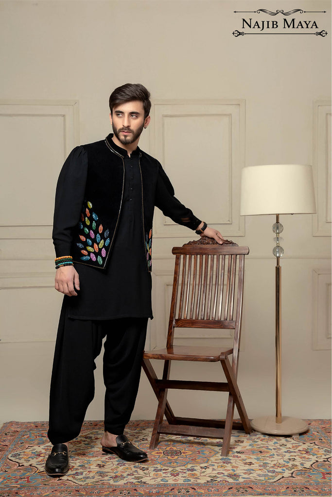 Black Velvet + Handwork Embroidered Waist Coat For Men's