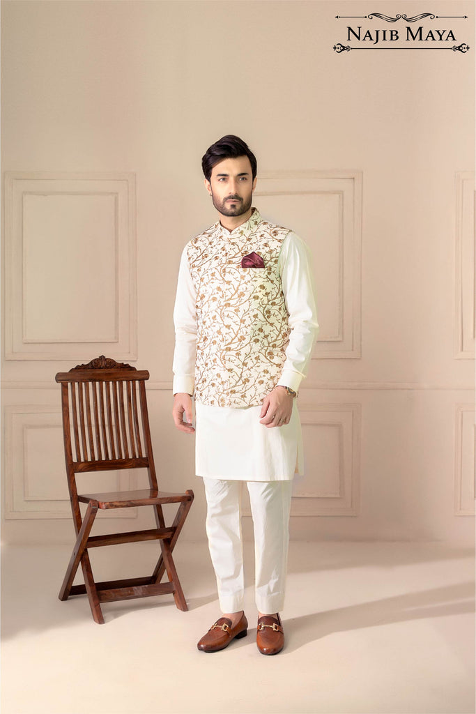 Cream With Golden Embroidery Waist Coat For Men's