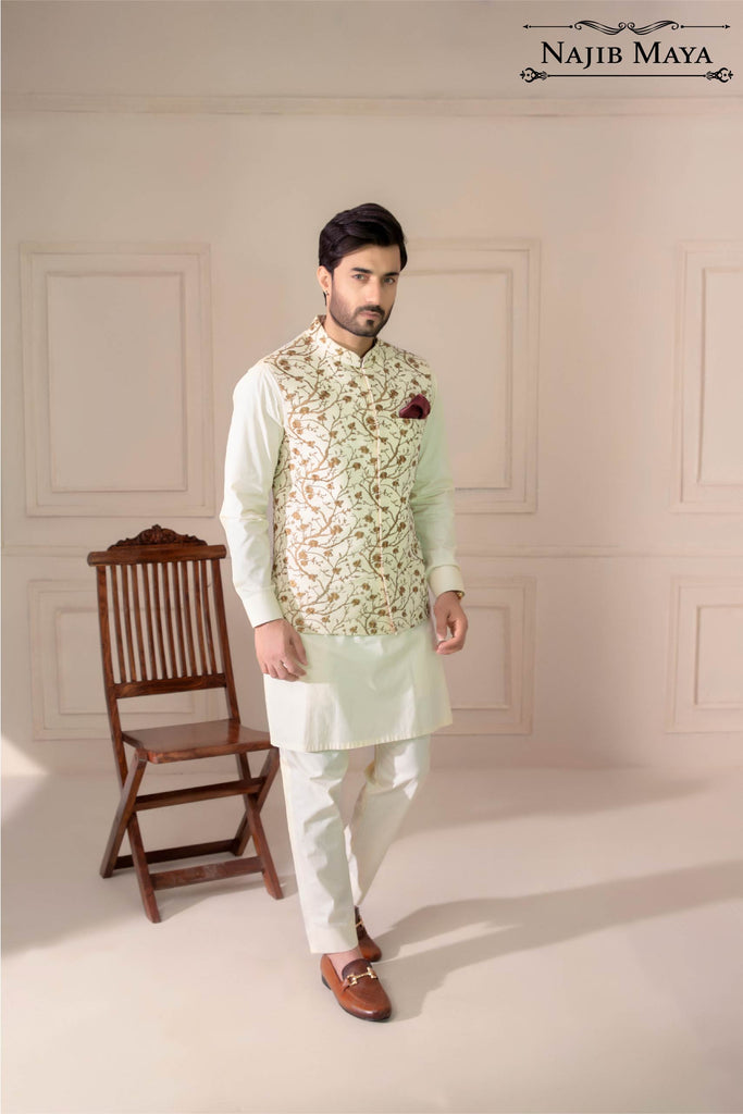 Cream With Golden Embroidery Waist Coat For Men's