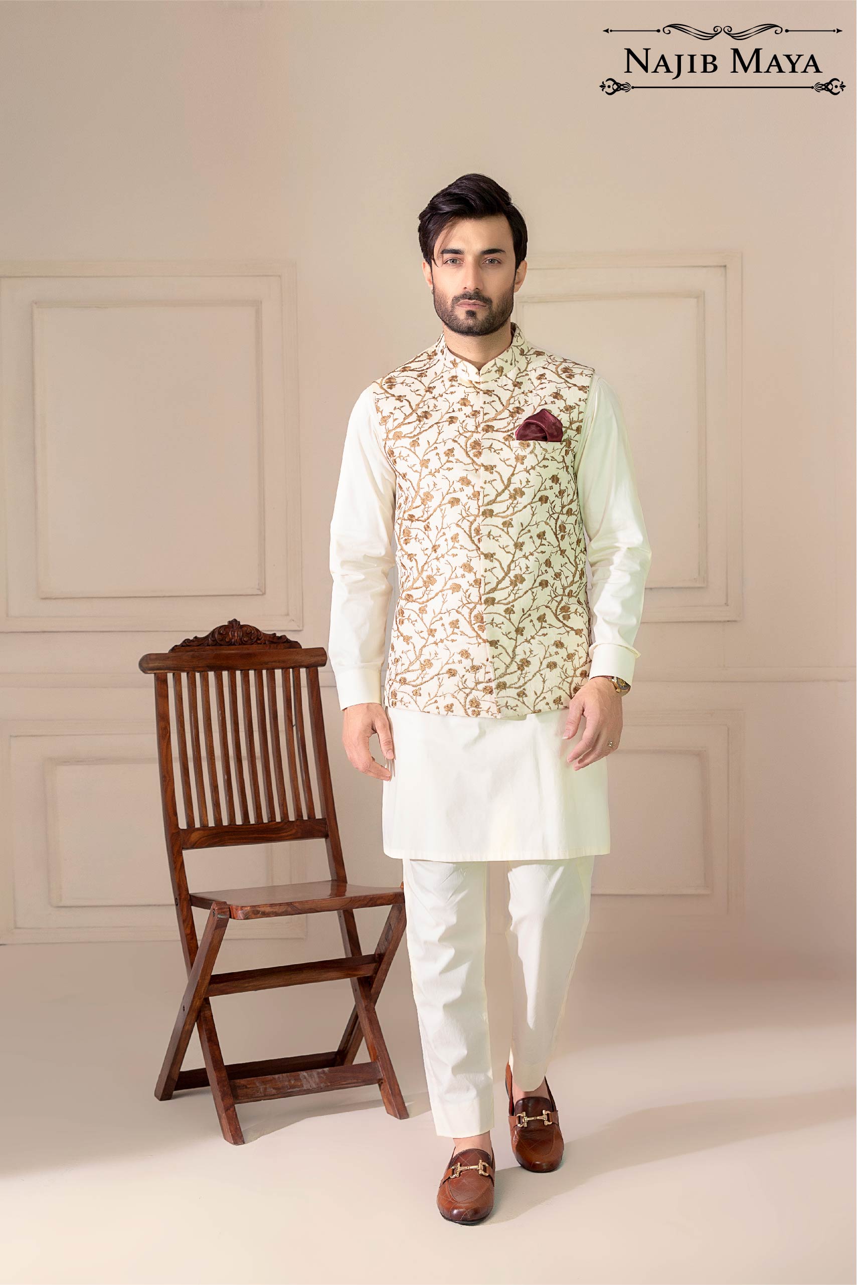 Cream With Golden Embroidery Waist Coat For Men's Main image