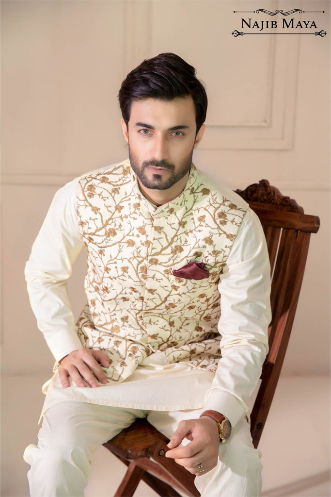 Cream With Golden Embroidery Waist Coat For Men's