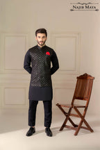 Black Sequence Embroidered Waist Coat For Men's