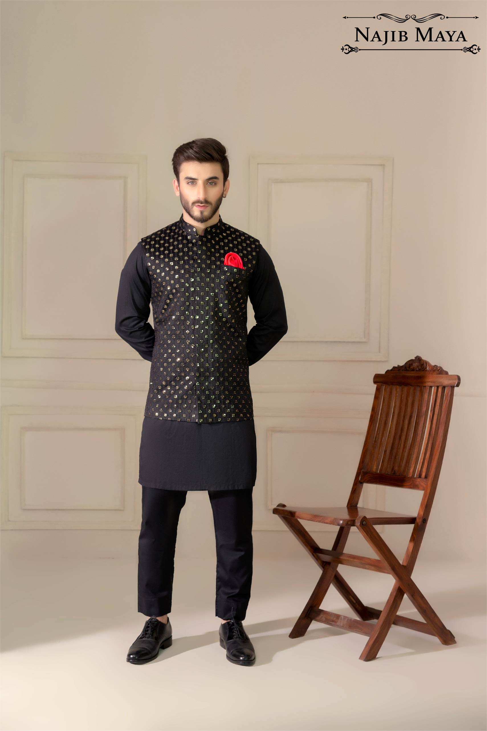 Black Sequence Embroidered Waist Coat For Men's