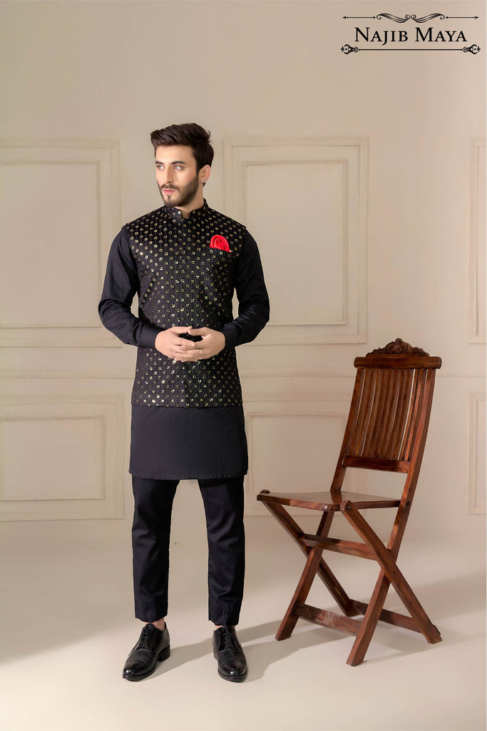 Black Sequence Embroidered Waist Coat For Men's
