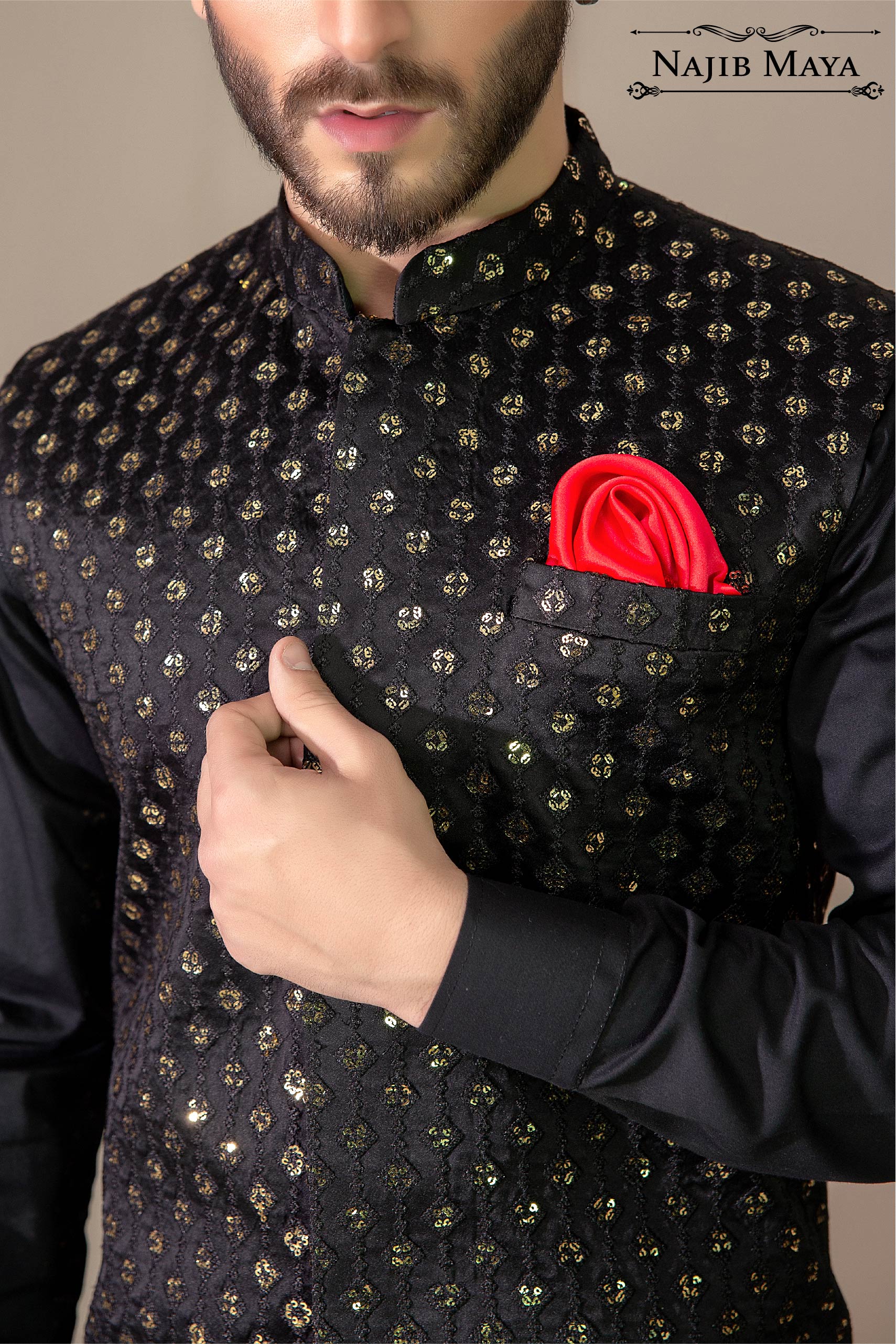 Black Sequence Embroidered Waist Coat For Men's Secondary image
