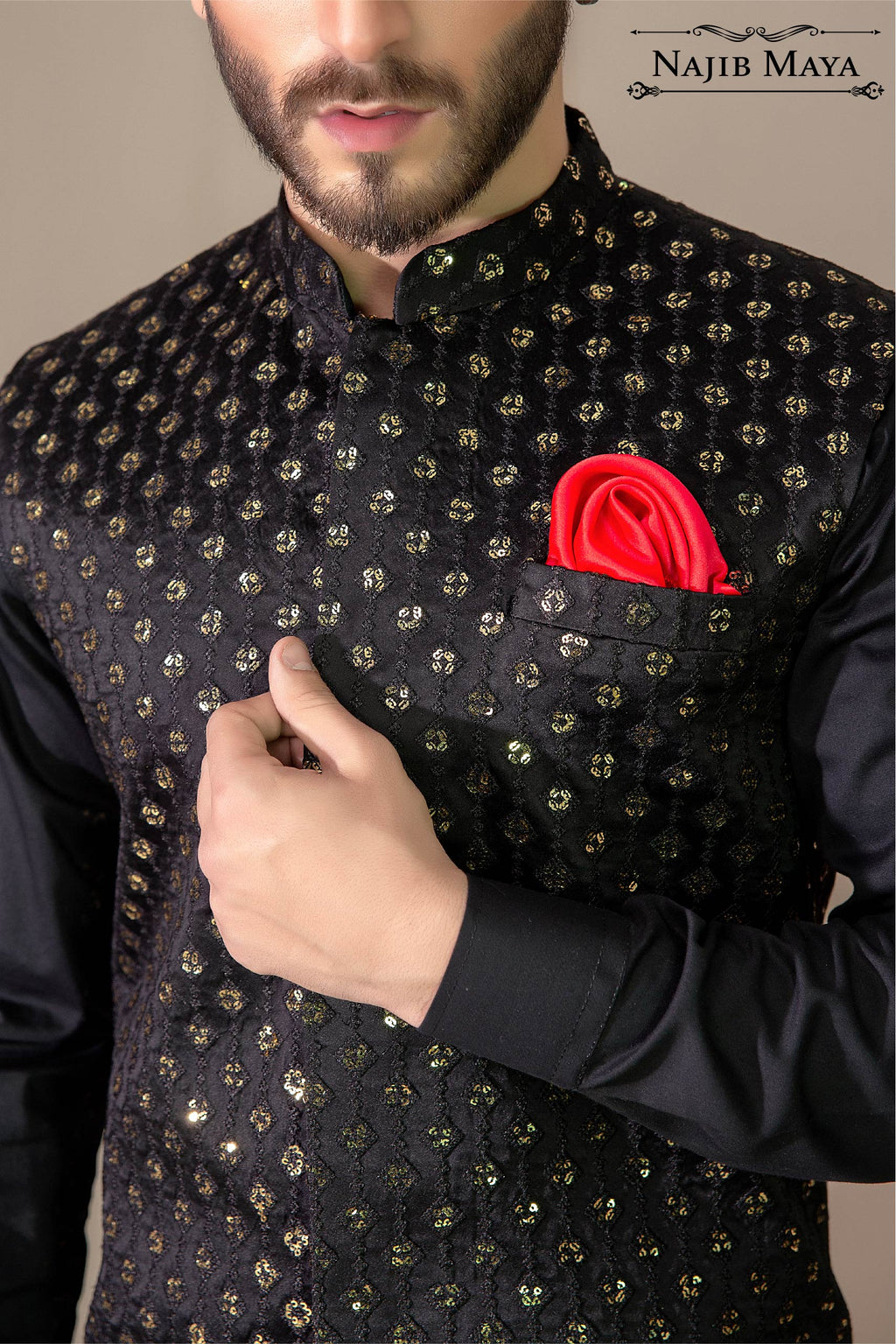 Black Sequence Embroidered Waist Coat For Men's