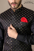 Black Sequence Embroidered Waist Coat For Men's