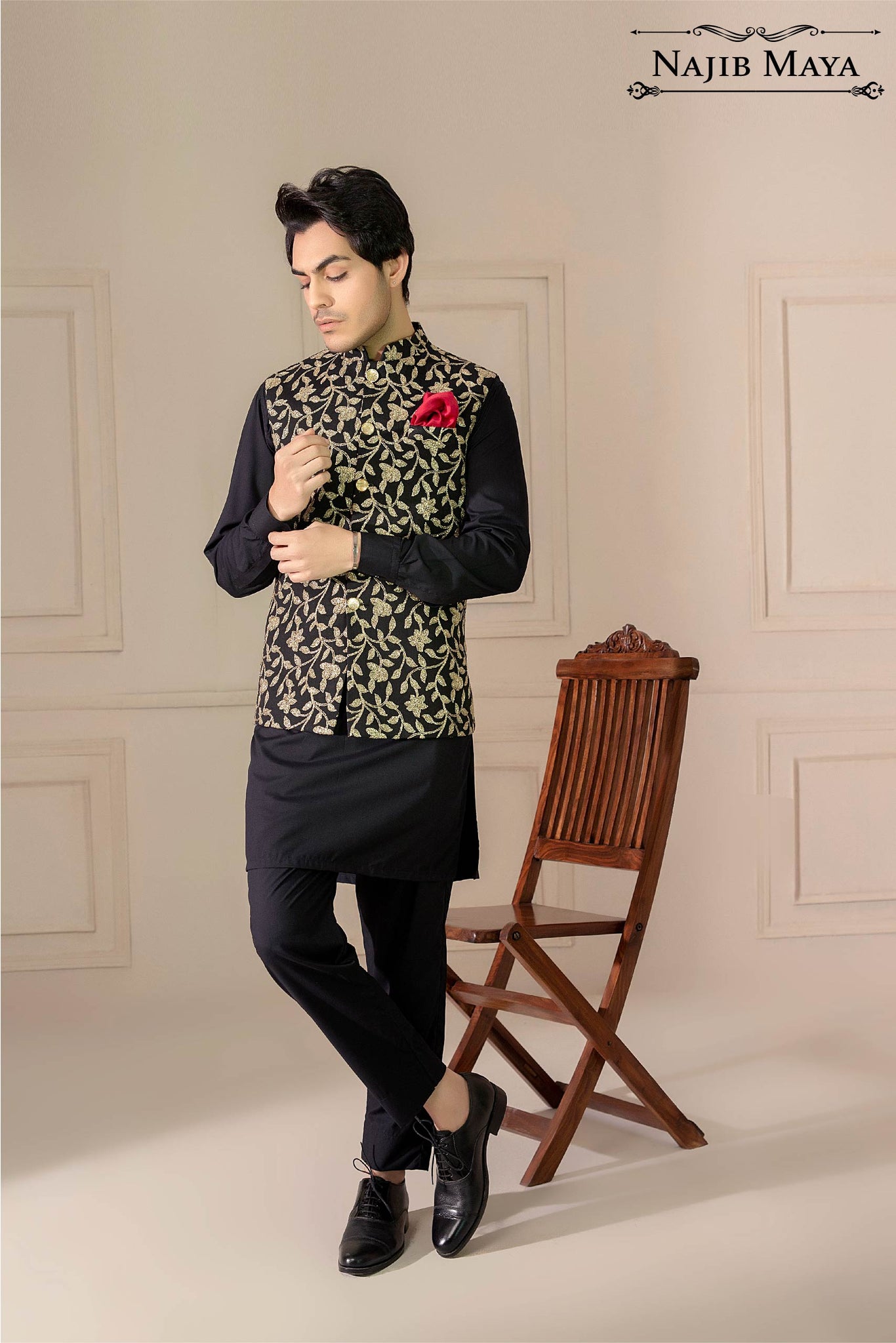 Golden kurta clearance with waistcoat