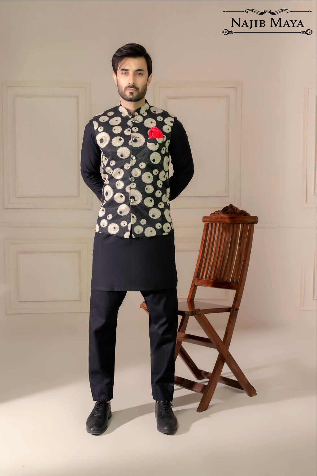 Black Designing Embroidered Waist Coat For Men's