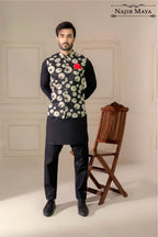 Black Designing Embroidered Waist Coat For Men's