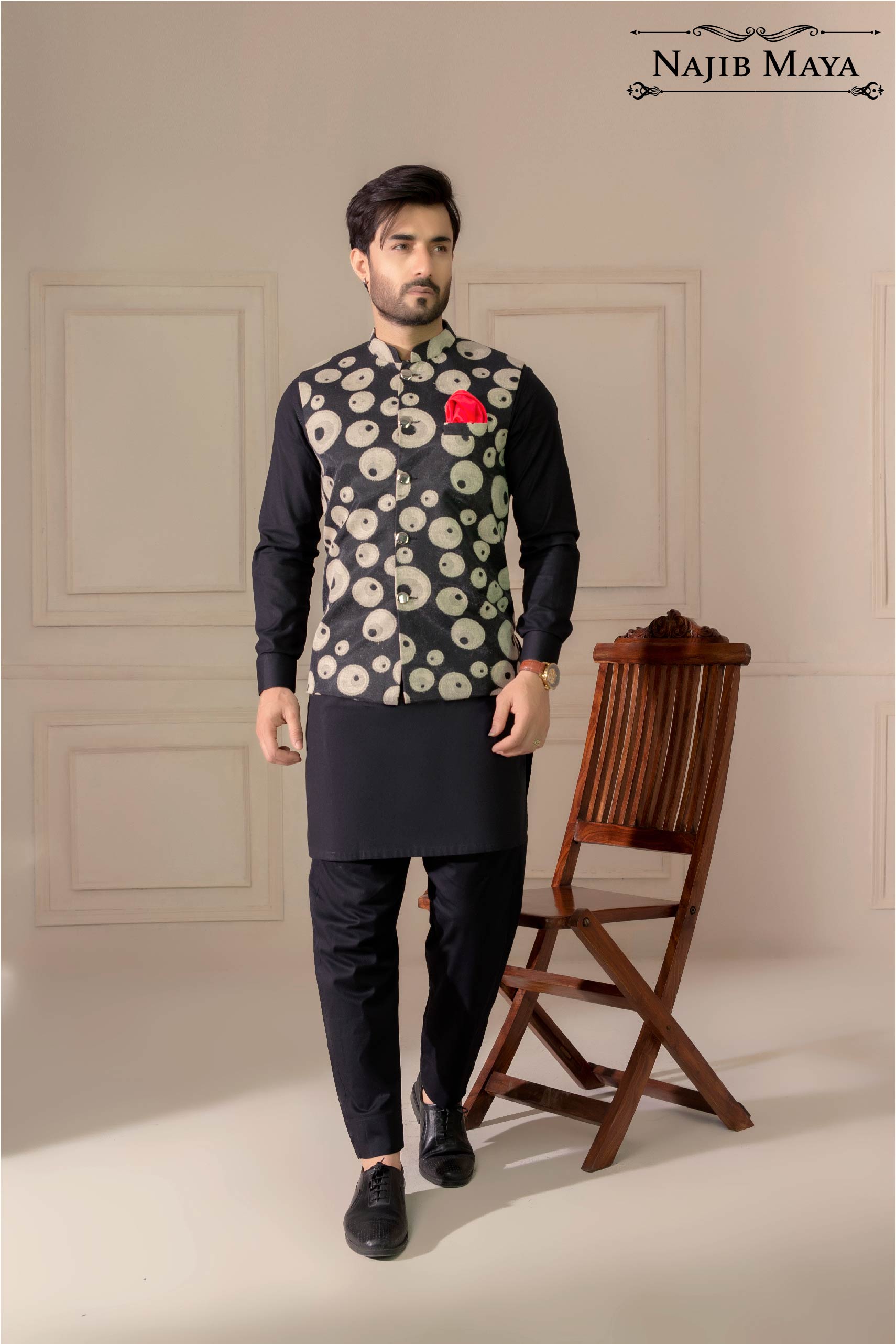 Black Designing Embroidered Waist Coat For Men's Main image