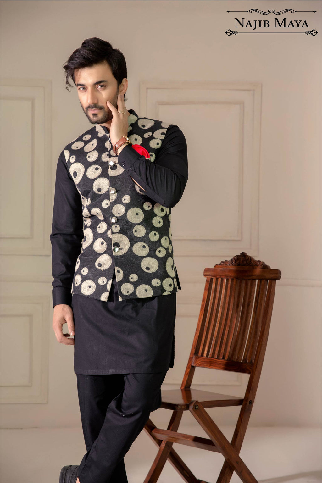 Black Designing Embroidered Waist Coat For Men's