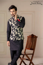 Black Designing Embroidered Waist Coat For Men's