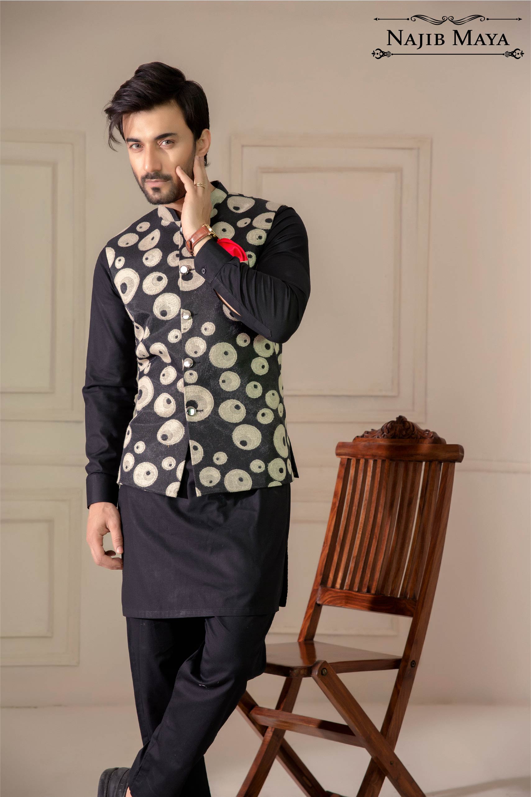 Black Designing Embroidered Waist Coat For Men's