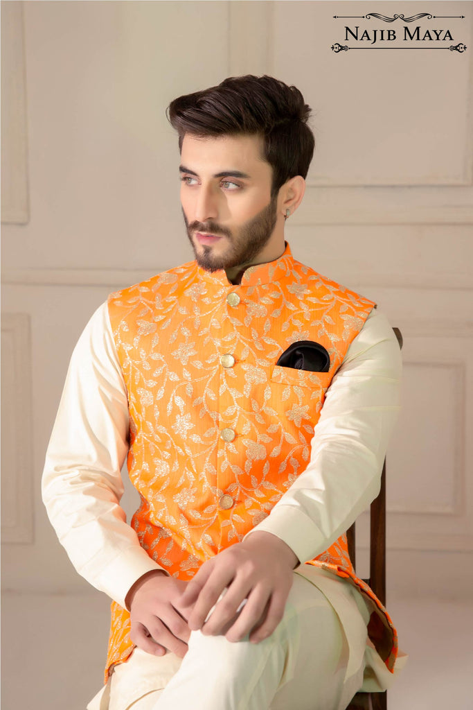 Apricot Embroidered Waist Coat For Men's