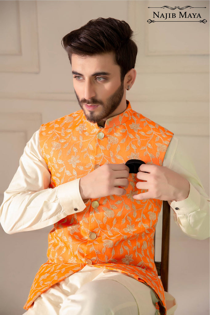 Apricot Embroidered Waist Coat For Men's