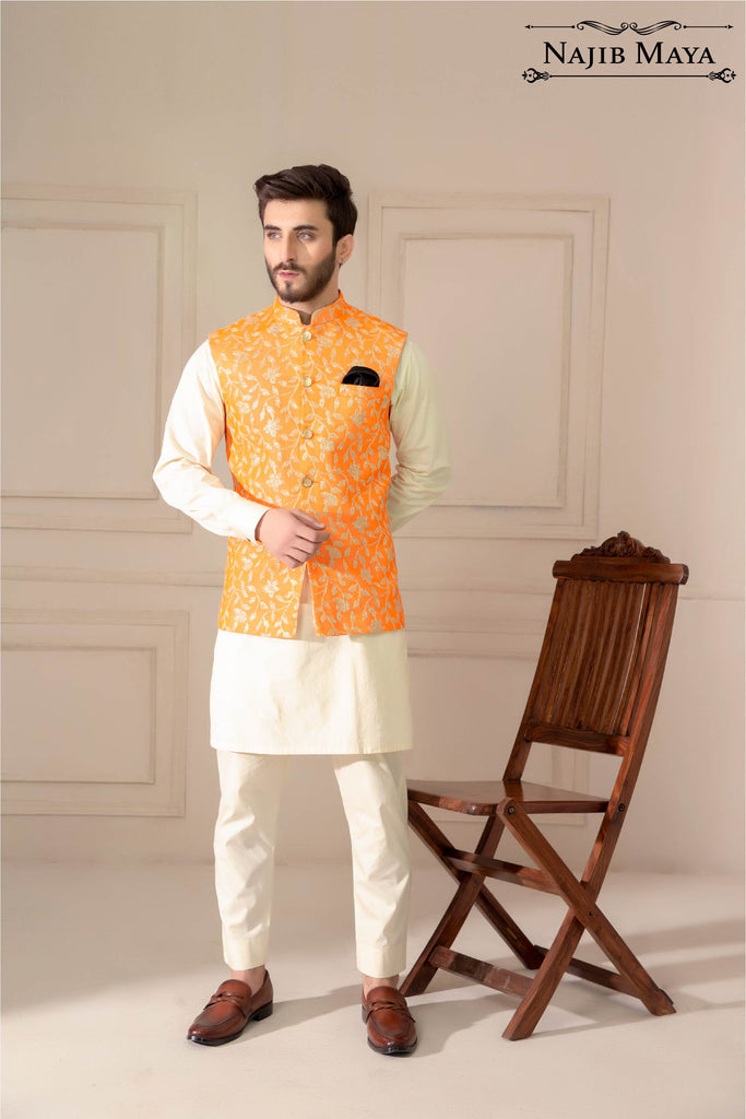 Apricot Embroidered Waist Coat For Men's