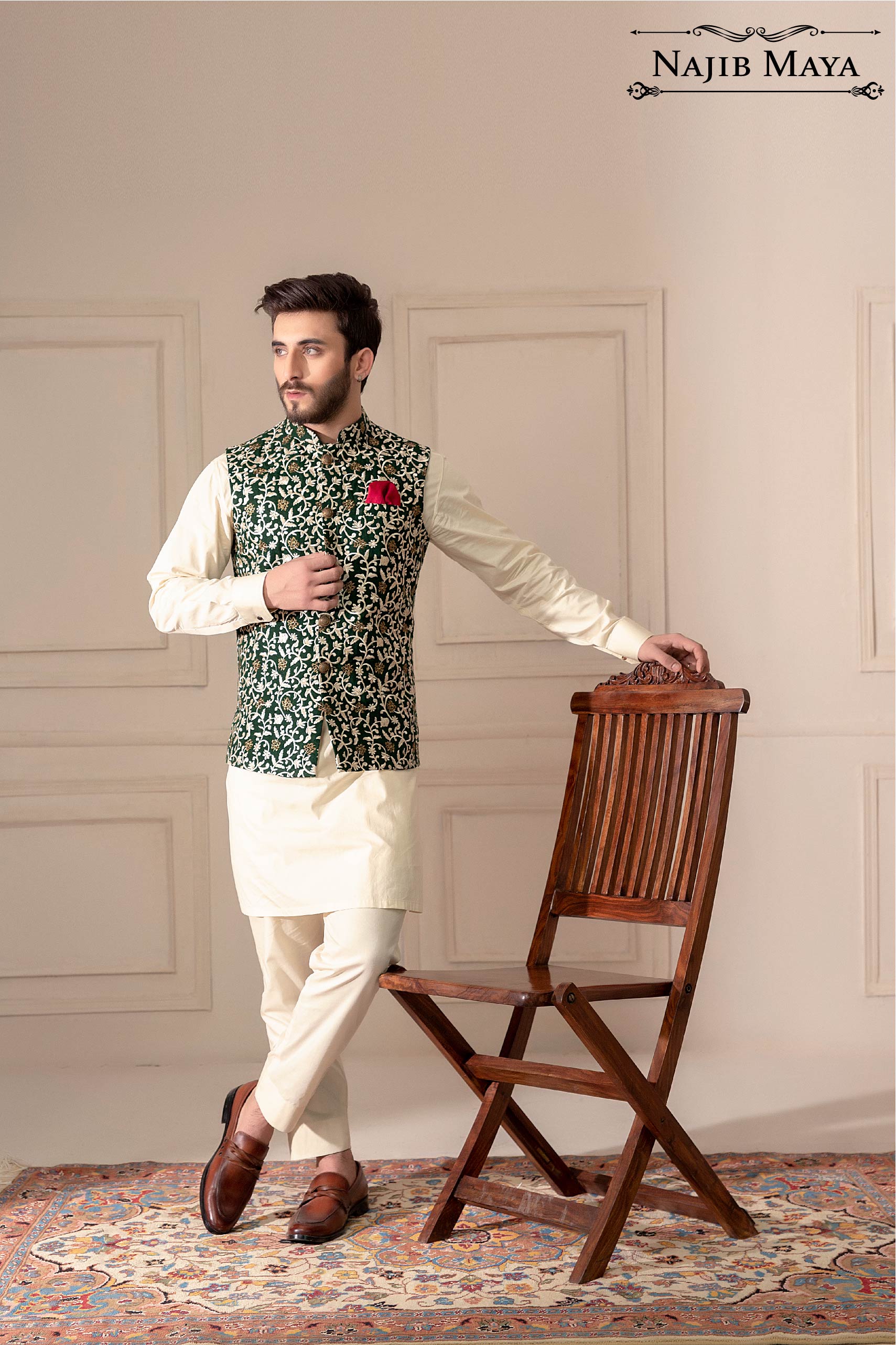 Green With Golden Embroidered Waist Coat For Men's Main image