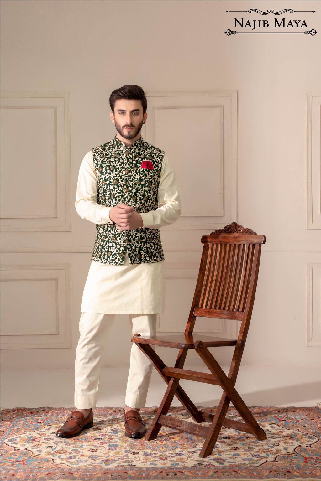 Green With Golden Embroidered Waist Coat For Men's