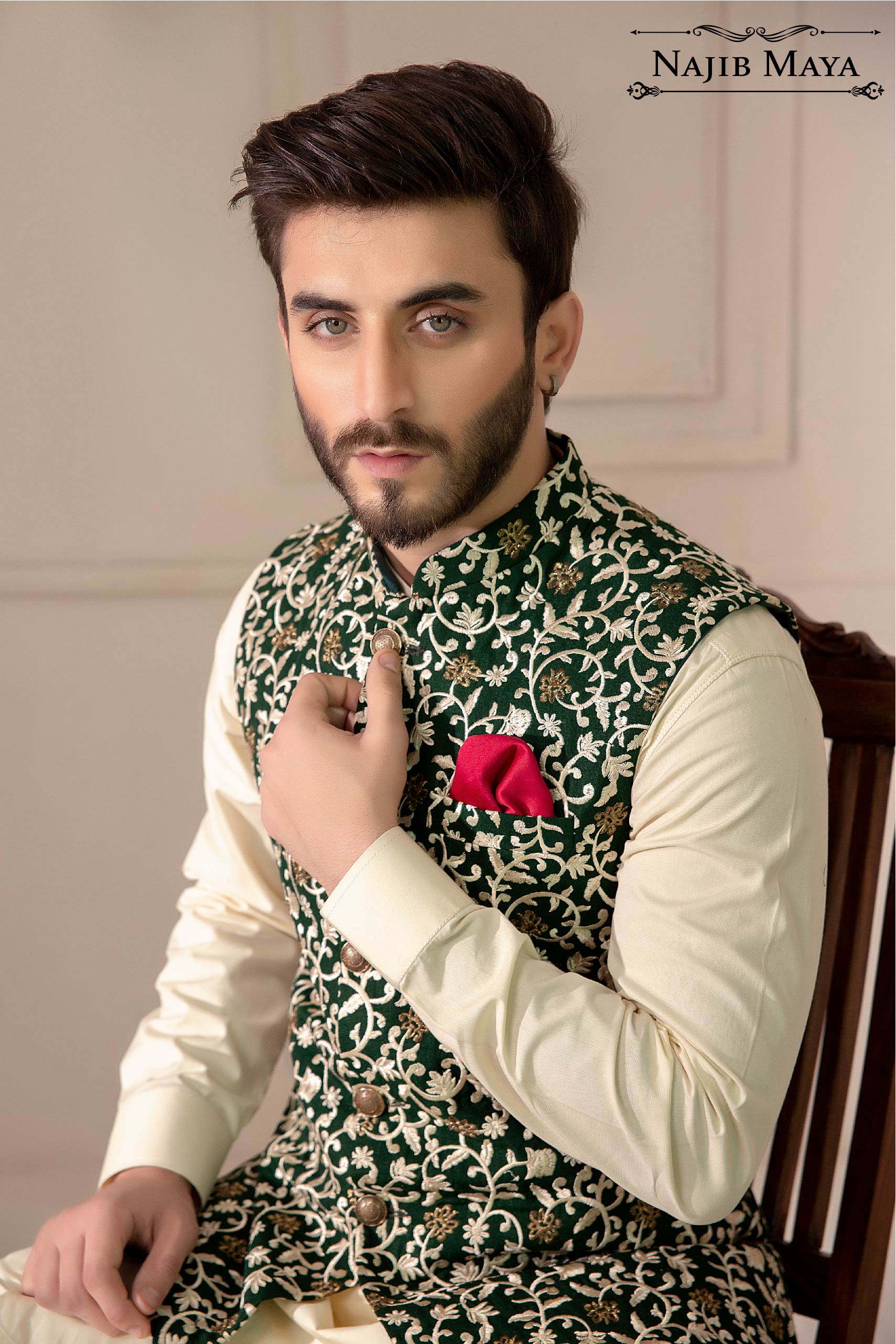 Green With Golden Embroidered Waist Coat For Men's Secondary image