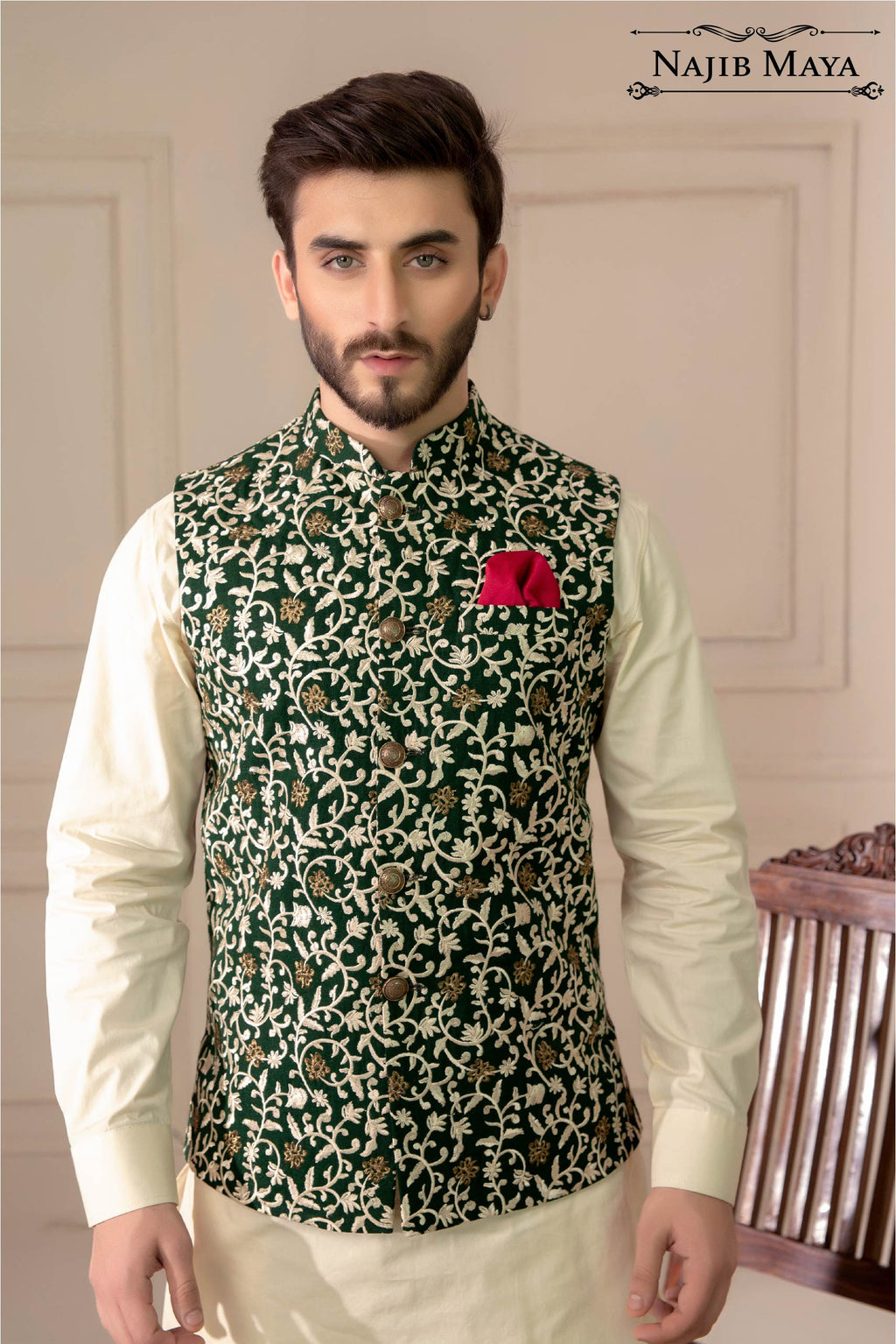 Green With Golden Embroidered Waist Coat For Men's