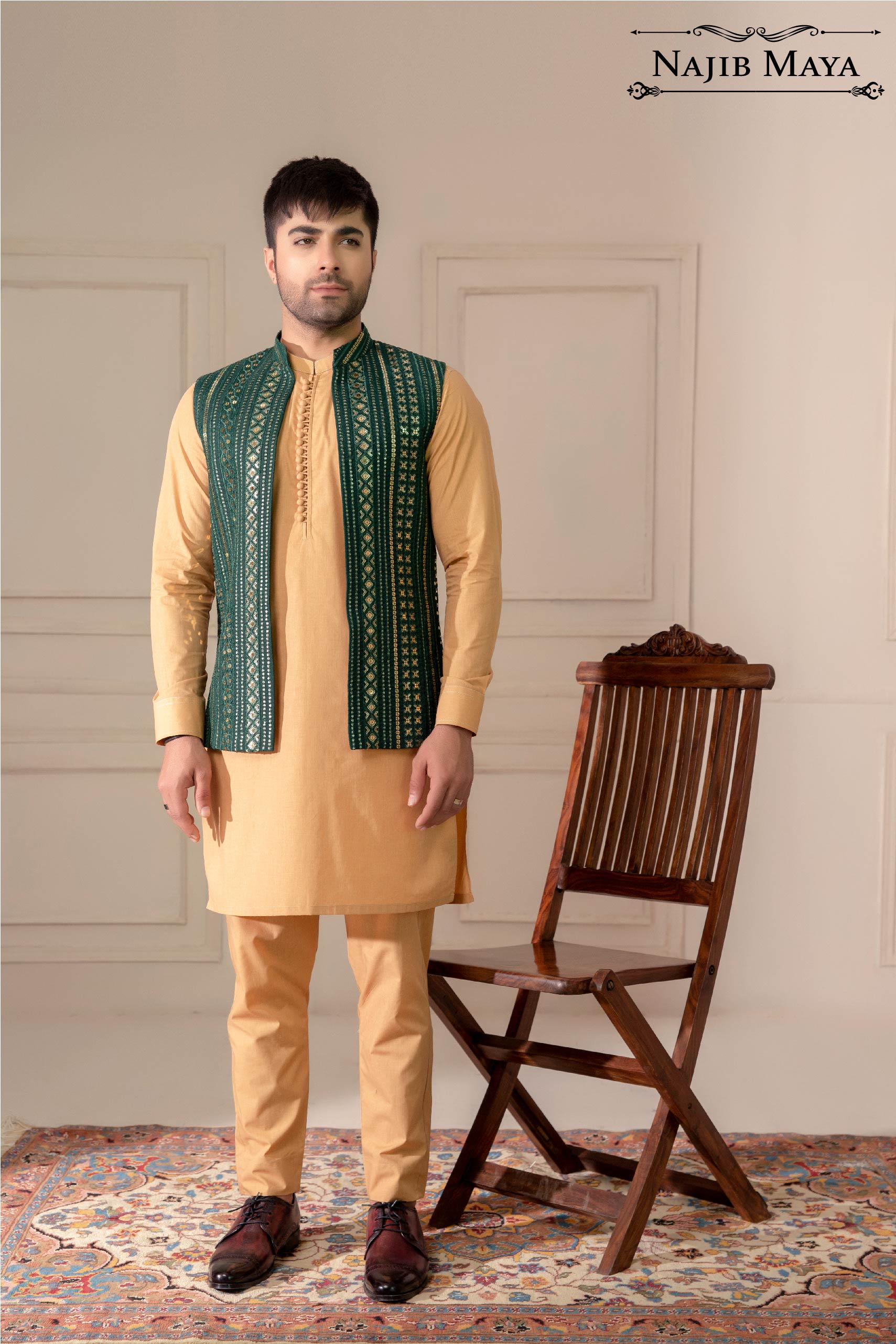 Green Sequence Embroidered Waist Coat For Men's Main image