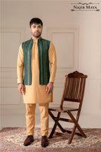Green Sequence Embroidered Waist Coat For Men's