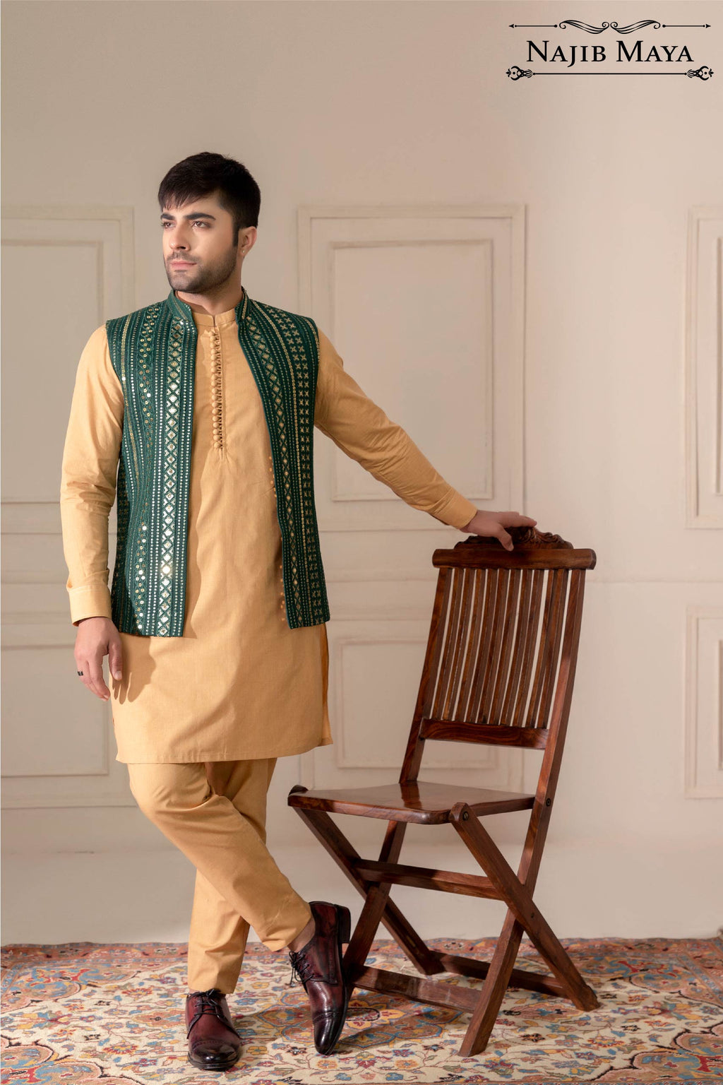 Green Sequence Embroidered Waist Coat For Men's