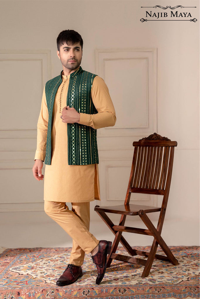 Green Sequence Embroidered Waist Coat For Men's