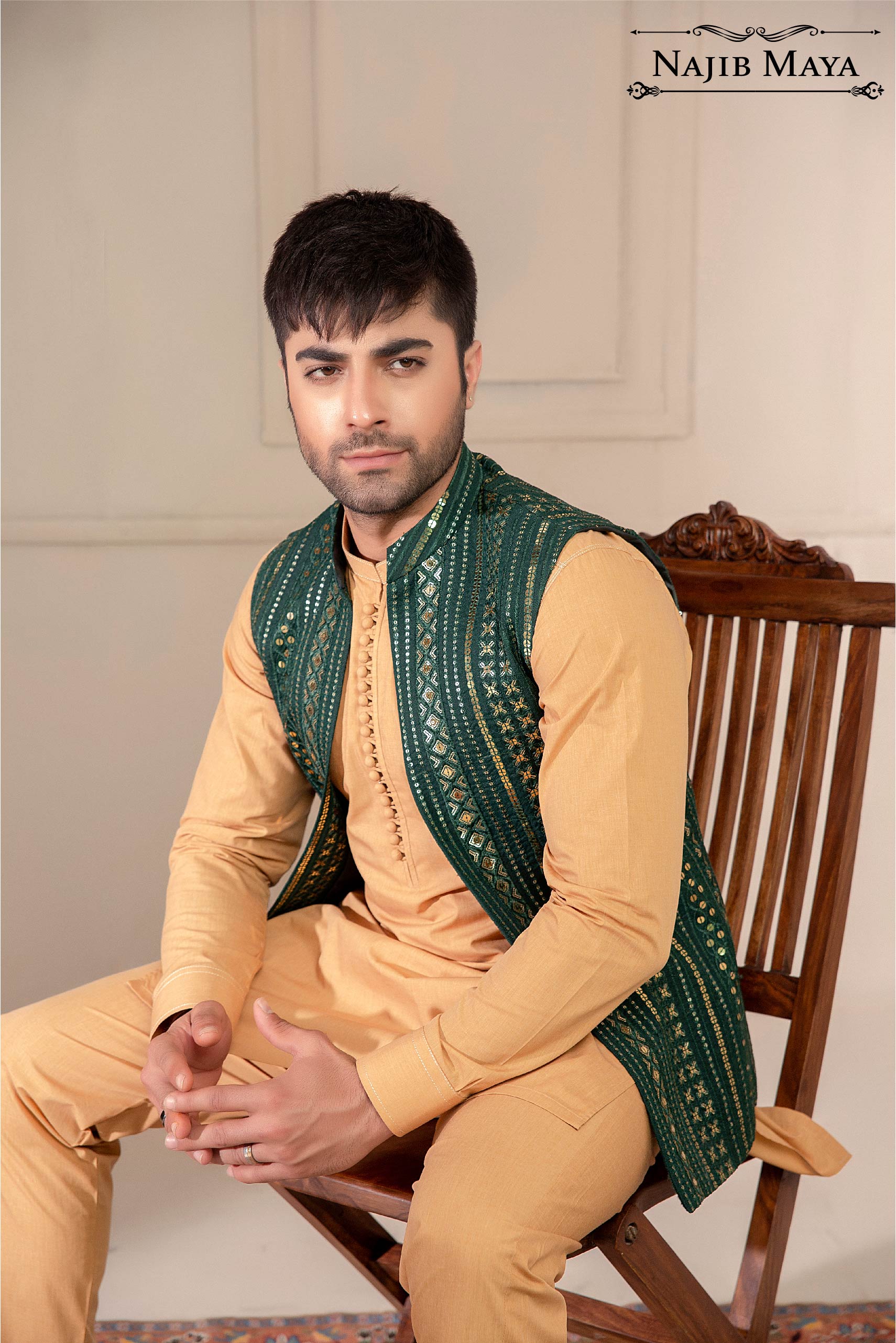 Green Sequence Embroidered Waist Coat For Men's Secondary image