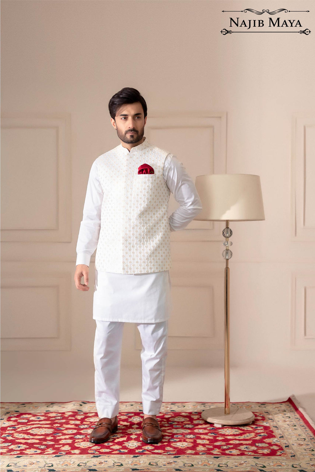 White Embroidered Waist Coat For Men's