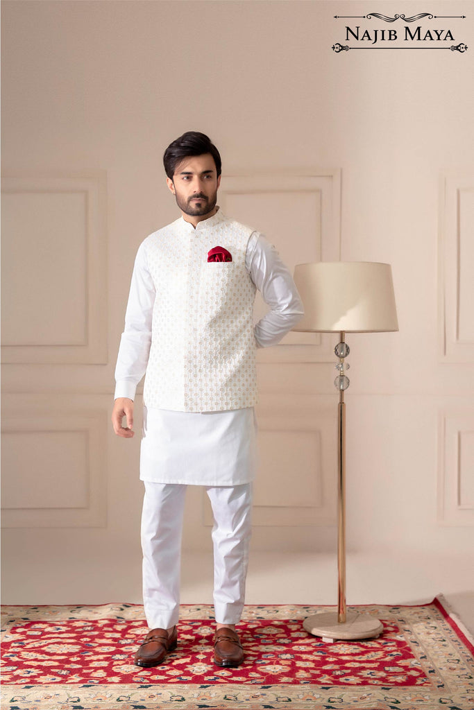 White Embroidered Waist Coat For Men's