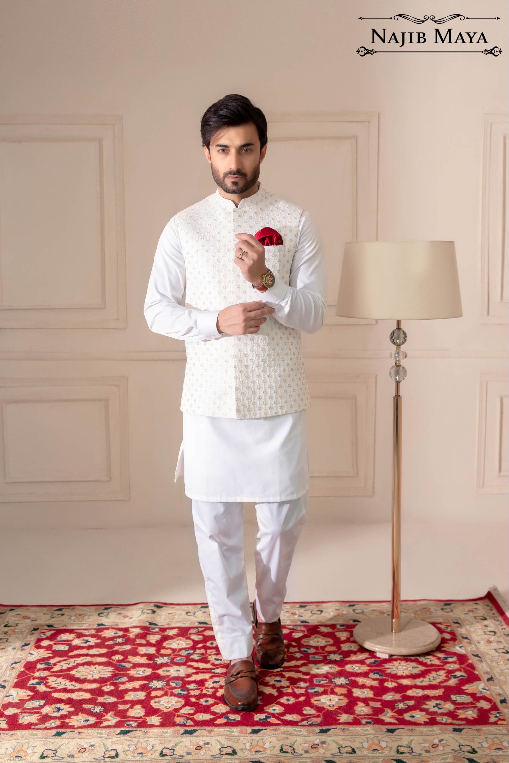 White Embroidered Waist Coat For Men's Main image