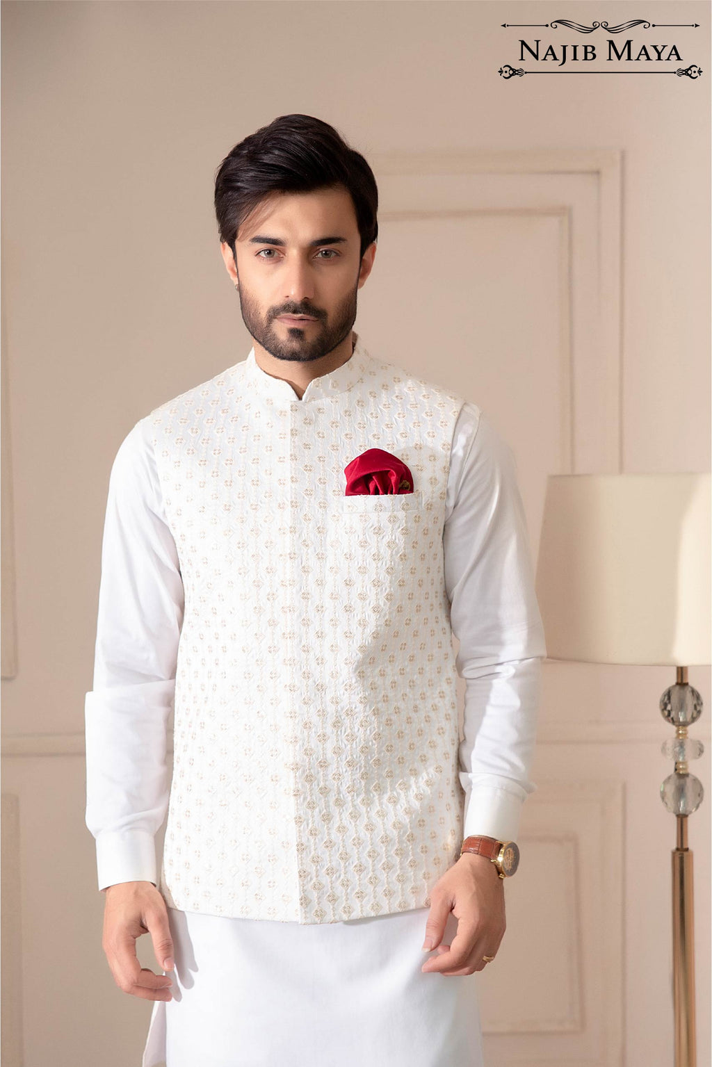 White Embroidered Waist Coat For Men's