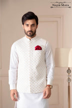 White Embroidered Waist Coat For Men's