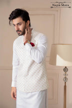 White Embroidered Waist Coat For Men's
