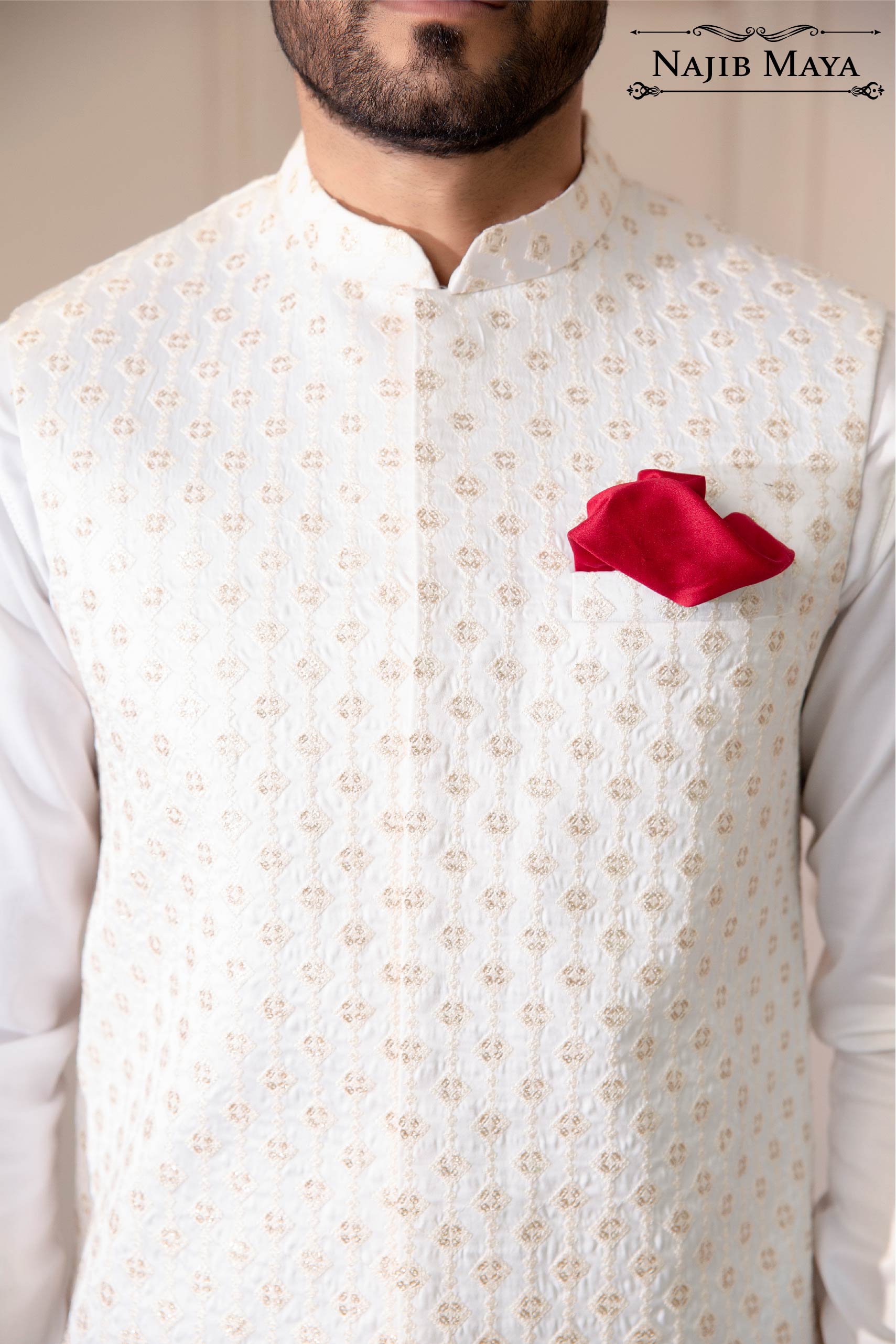 White Embroidered Waist Coat For Men's Secondary image