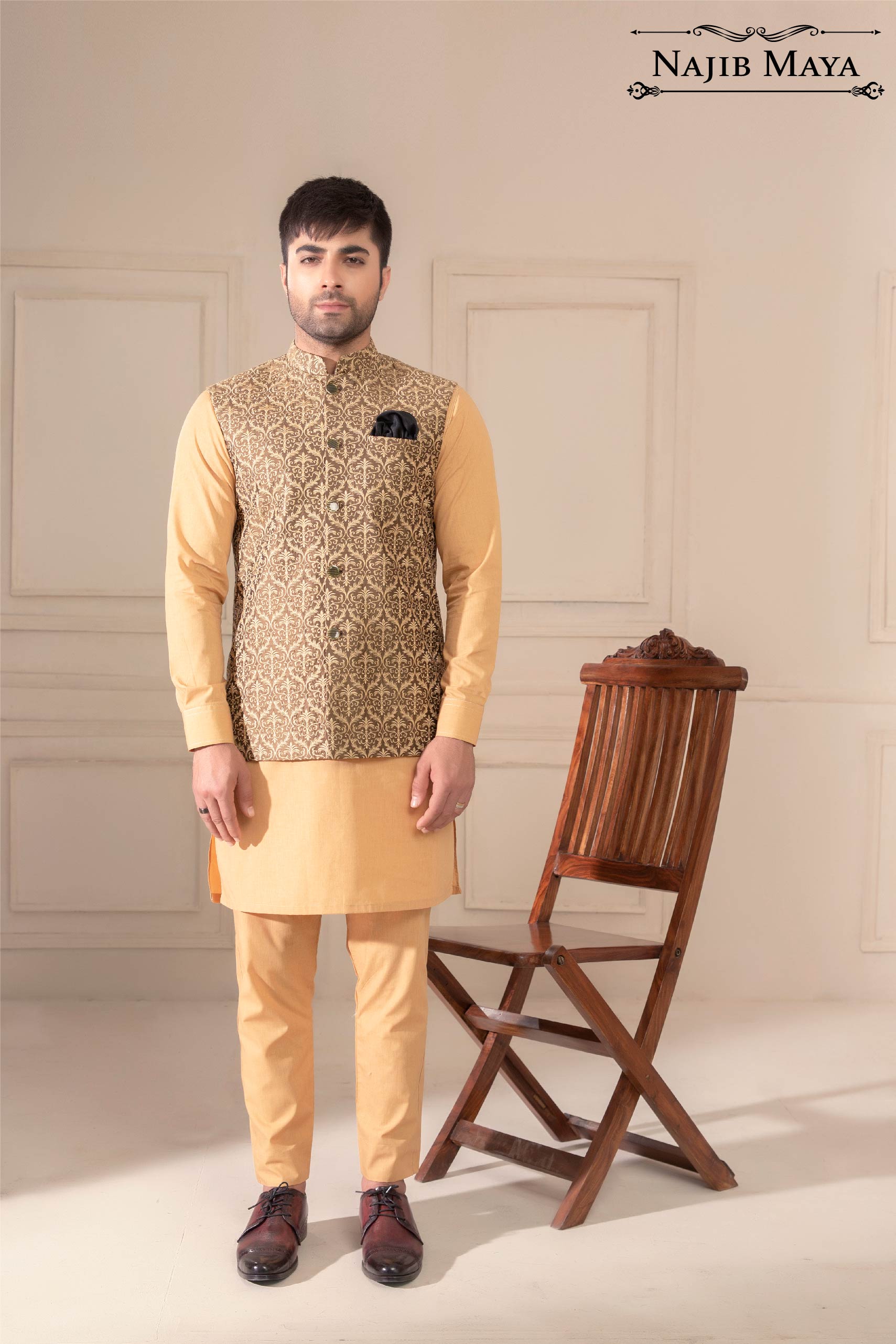Brownish Golden Embroidered Waist Coat For Men's Main image