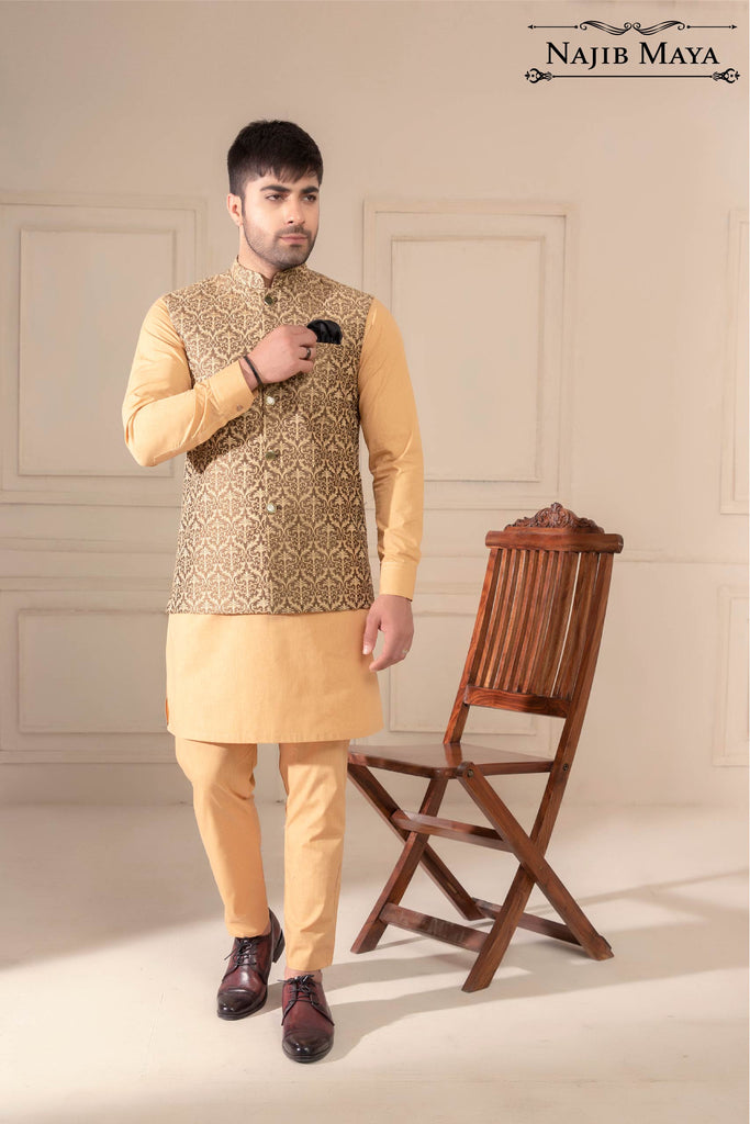 Brownish Golden Embroidered Waist Coat For Men's