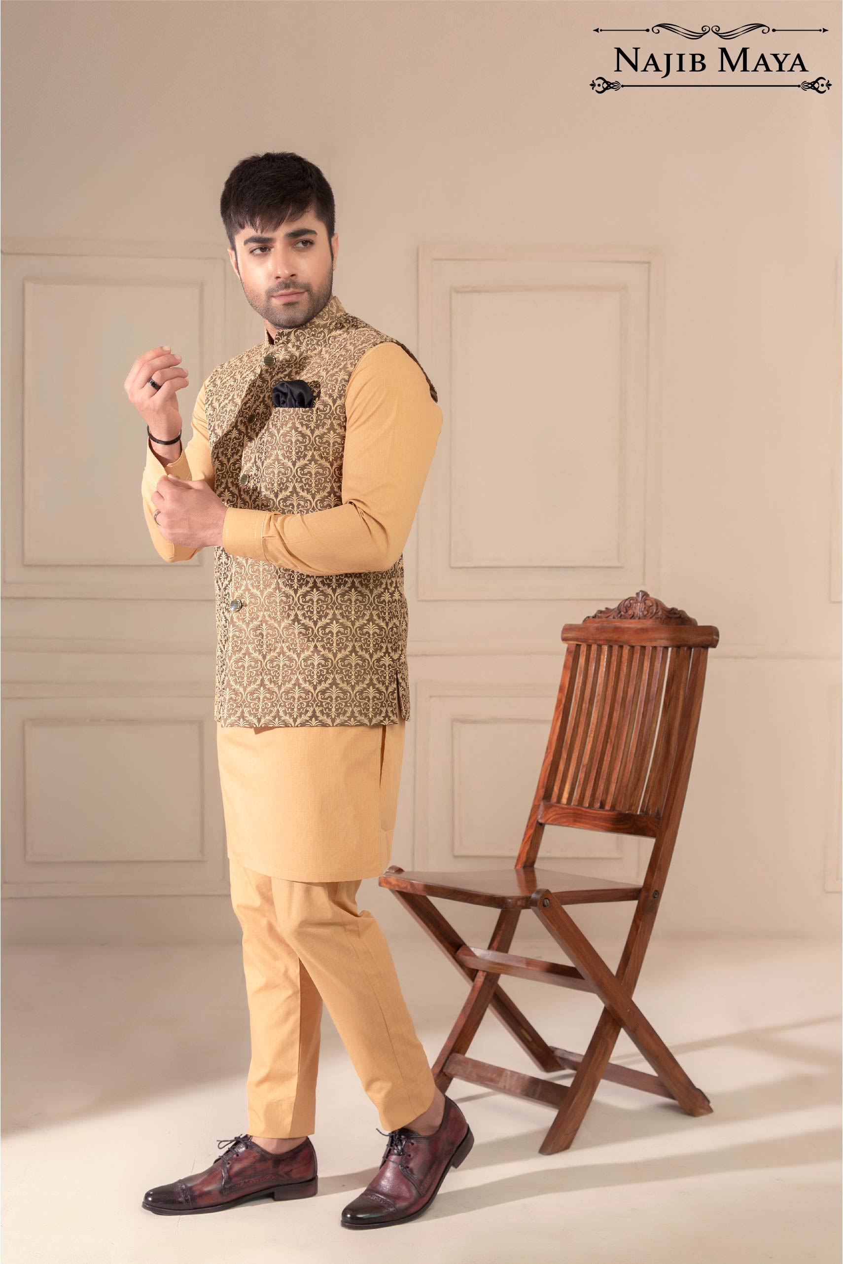 Brownish Golden Embroidered Waist Coat For Men's