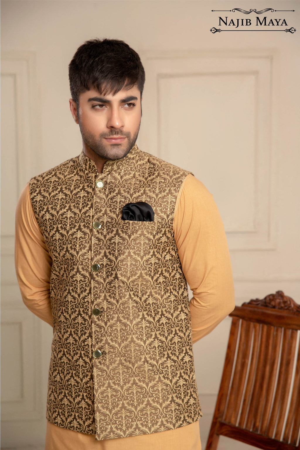 Brownish Golden Embroidered Waist Coat For Men's